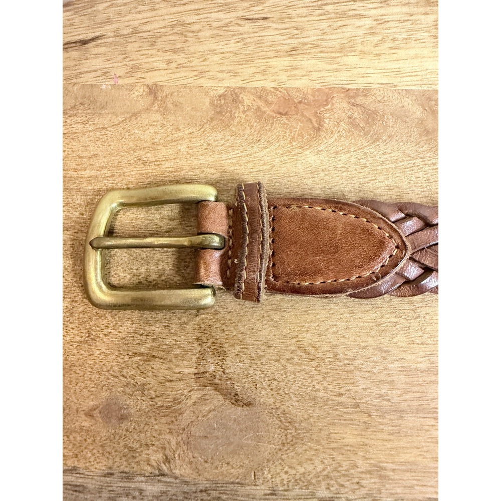 Vintage 90s Boho Braided Leather Belt Brown Solid Brass USA 32
